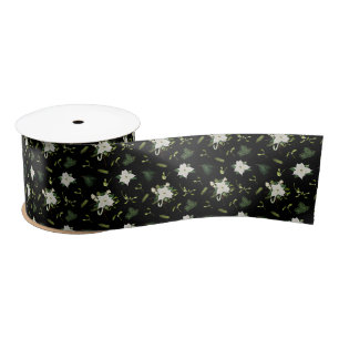 Ruban En Satin Ruban de satin noir floral vert élégant