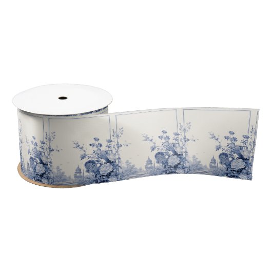 Ruban En Satin Ruban de vacances bleu avec motif floral français (Bobine)