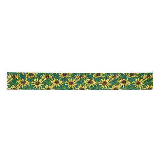 Ruban En Satin Rudbekia jaune sur vert foncé (Devant)