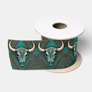 Ruban En Satin Rustique Cowboy Turquoise Pays Western Bull Skull