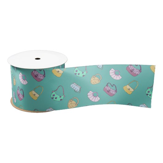 Ruban En Satin Sacs à main mignons Doodles Motif Turquoise (Bobine)