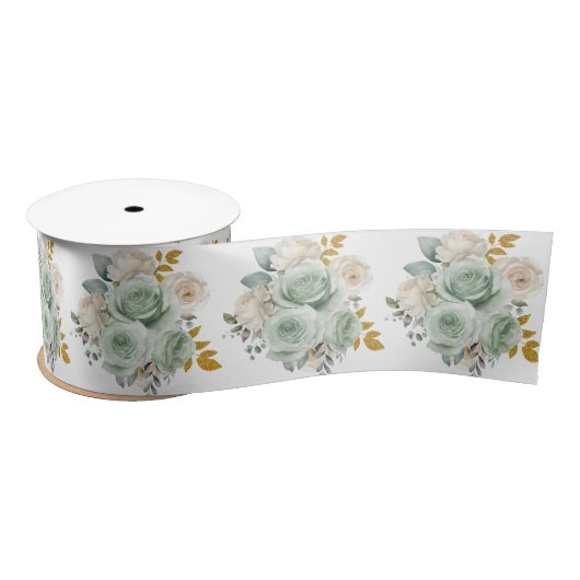 Ruban En Satin Sage Green and Gold Elegant Flowers (Bobine)
