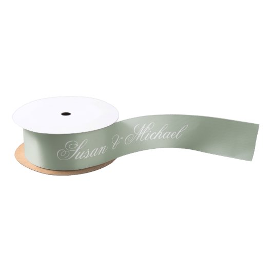 Ruban En Satin Sage Green Mariage Élégant Script Calligraphie (Bobine)