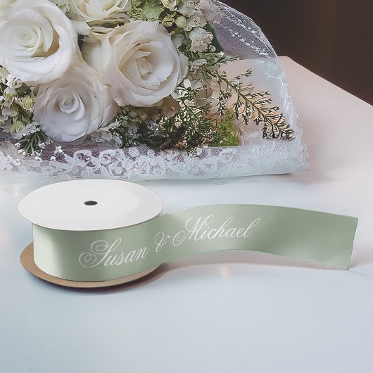 Ruban En Satin Sage Green Mariage Élégant Script Calligraphie