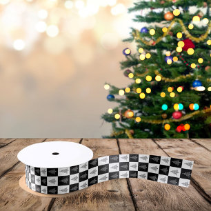 Ruban En Satin Sapins de Noël Carrés Blancs et Noirs Modernes
