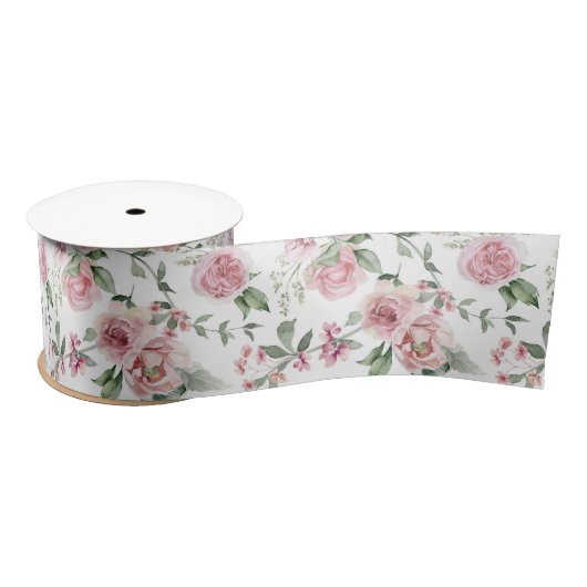 Ruban En Satin Shabby Chic Blush Pink Roses Eucalyptus Greenery  (Bobine)