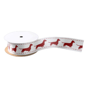 Ruban En Satin Silhouettes de Dachshund rouge sur blanc