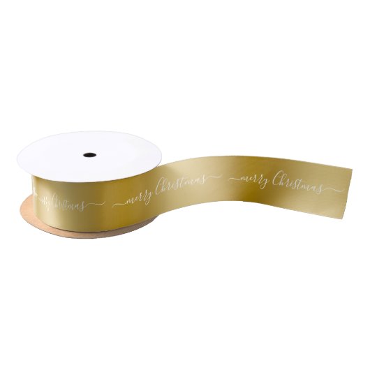 Ruban En Satin Simple Gold Background Merry Christmas Whte Tex (Bobine)