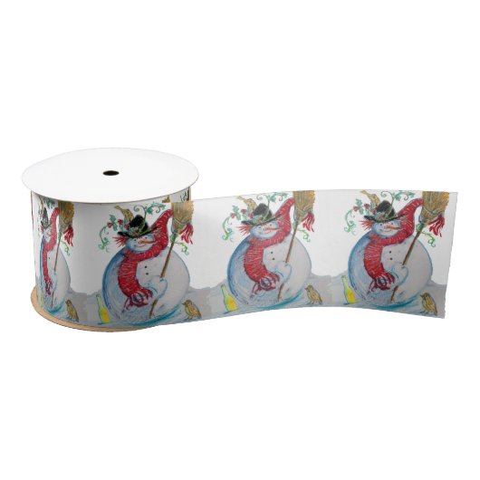 RUBAN EN SATIN SNOWMAN BLANCHI AVEC OISEAUX SALUTATIONS D'HIVER (Bobine)