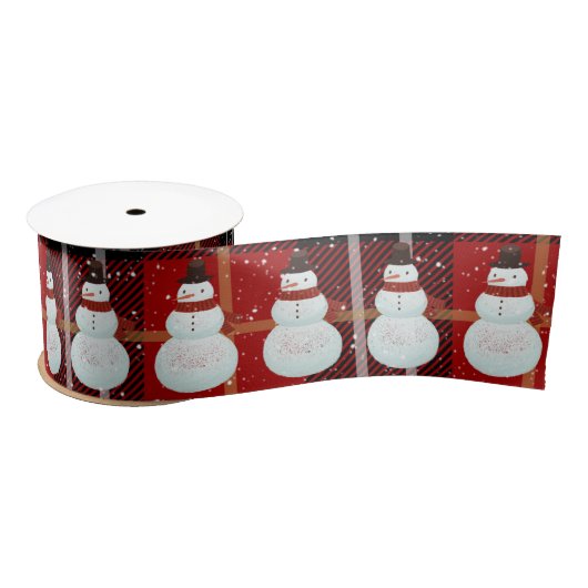 Ruban En Satin Snowman dans les flocons de neige Tartan Plaid Rib (Bobine)