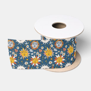 Ruban En Satin Soleil et Lune Floral en Bleus et Jaunes
