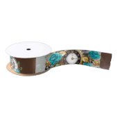 Ruban En Satin Steampunk Clock and Turquoise Roses on Striped (Bobine)