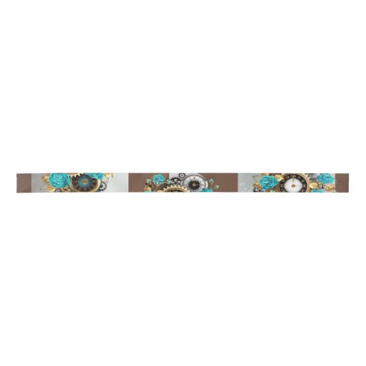 Ruban En Satin Steampunk Clock and Turquoise Roses on Striped (Devant)