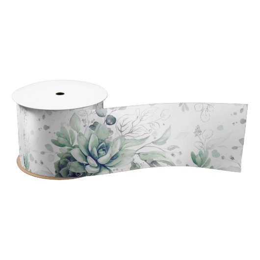 Ruban En Satin Succulentes Élégante Botanique de Verdure Argentée (Bobine)