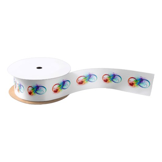 Ruban En Satin Symbole d'infini avec plume arc-en-ciel (Bobine)