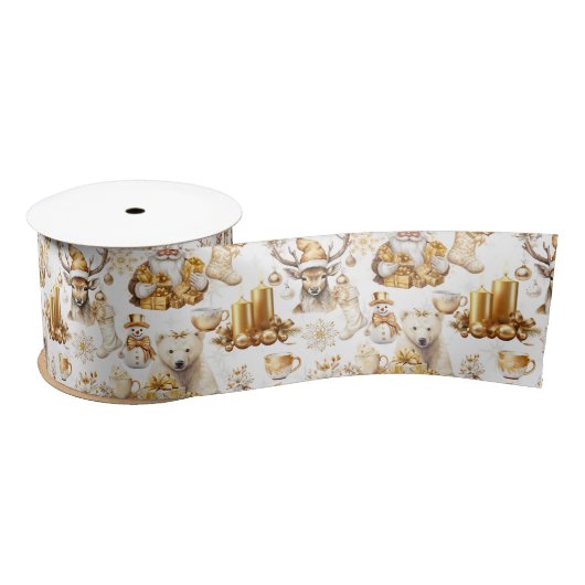 Ruban En Satin Symboles de Noël or et blanc (Bobine)