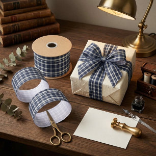 Ruban En Satin Tartan à carreaux bleu marine et blanc