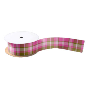 Ruban En Satin Tartan Motif Hot rose et Olive ID210
