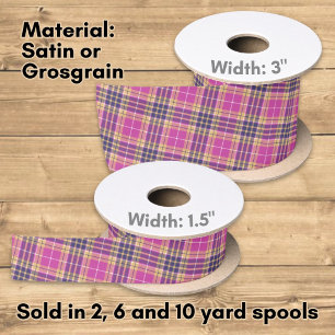 Ruban En Satin Tartan rose, or et bleu