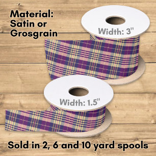 Ruban En Satin Tartan Violet, Or et Bleu