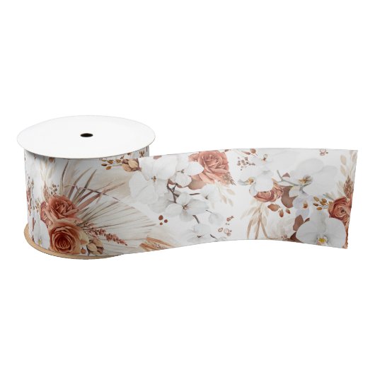 Ruban En Satin Terracotta et fleurs blanches Botanique Boho Chic (Bobine)