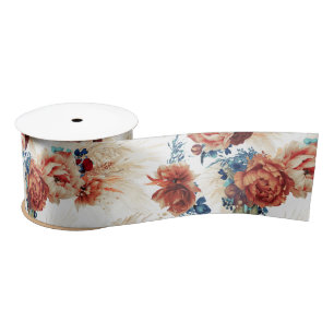 Ruban En Satin Terracotta et Marine Blue Pampas Grass Floral Boho