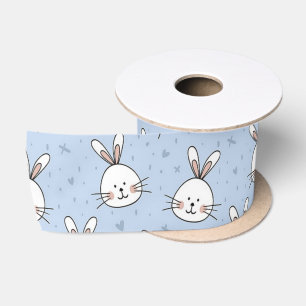 Ruban En Satin Têtes de lapin blanc sur bleu