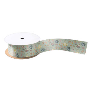 Ruban En Satin Thé vintage après-midi et Motif Rose sur Vert