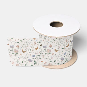 Ruban En Satin Toile-De-Jouy Élégante de Fleur Sauvage et Papillo