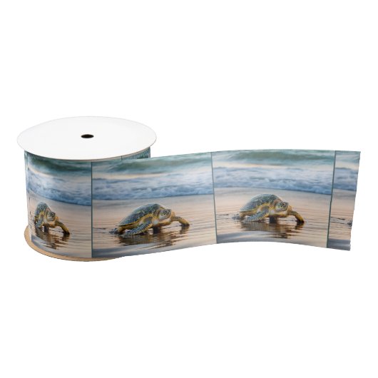 Ruban En Satin Tortue Marchant Sur Le Sable De Plage Humide (Bobine)