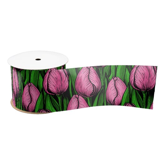 Ruban En Satin Tulières roses avec feuilles verts (Bobine)