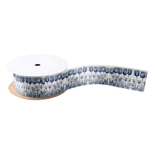 Ruban En Satin Tulipes en bleu Delft (Bobine)