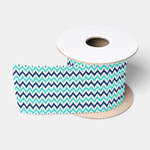 Ruban En Satin Turquoise, bleu marine et blanc Zigzag Ikat Motif