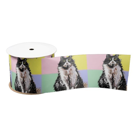 Ruban En Satin Tuxedo Cat Art Cute Pastel Satin Ribbon (Bobine)