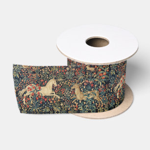 Ruban En Satin UNICORNE ET CERF, FLEURS, ANIMAUX FORESTIERS Flora