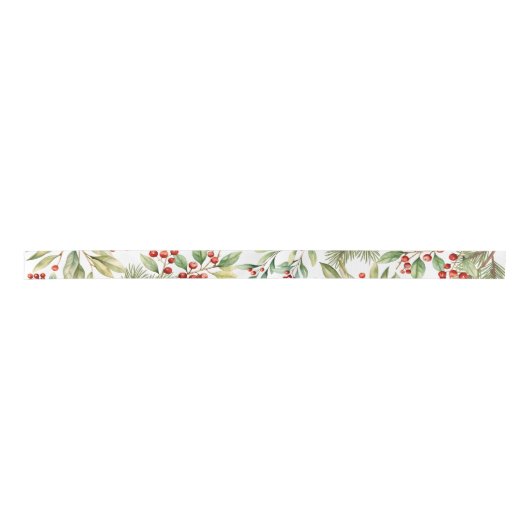 Ruban En Satin Vacances Red Holly Aquarelle Berries Verdure (Devant)