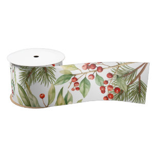 Ruban En Satin Vacances Red Holly Aquarelle Berries Verdure