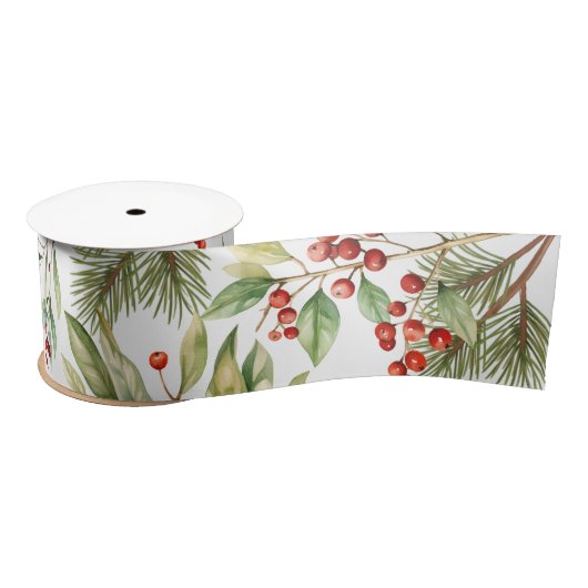 Ruban En Satin Vacances Red Holly Aquarelle Berries Verdure (Bobine)