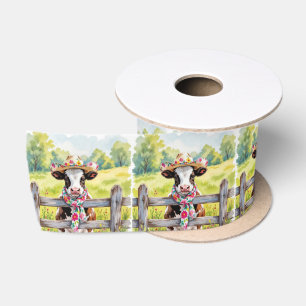 Ruban En Satin Vache à l'aquarelle portant un chapeau à motif flo