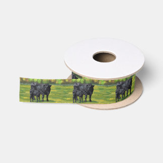 Ruban En Satin Vache d'Angus noir et veau mou en pâturage d'été