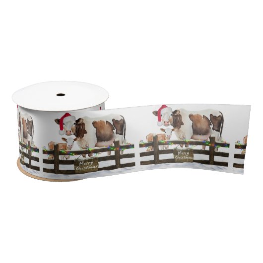 Ruban En Satin Vache de Noël et veau en neige (Bobine)