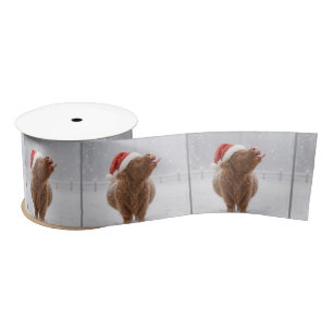 Ruban En Satin Vache des Highlands de Noël attrapant des flocons