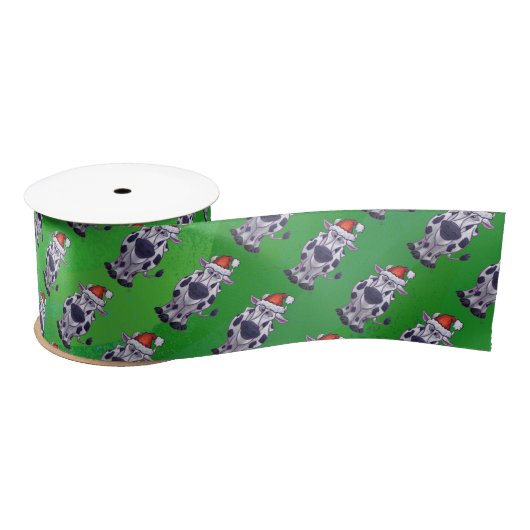 Ruban En Satin Vache Noël sur vert (Bobine)