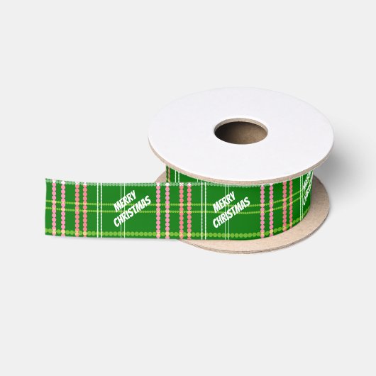Ruban En Satin Vert et rose points carreau Joyeux Noël (Bobine)