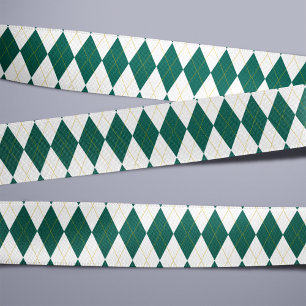 Ruban En Satin Vert Foncé Doré Motif de Jacquard Diamant Blan