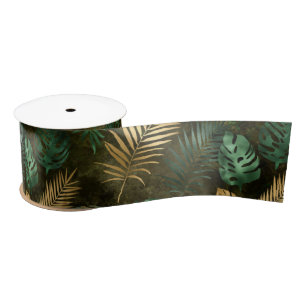 Ruban En Satin Vert Jaune de la Jungle Feuilles de Palmier Tropic