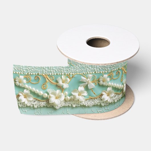 Ruban En Satin Vert Menthe Floral (Bobine)