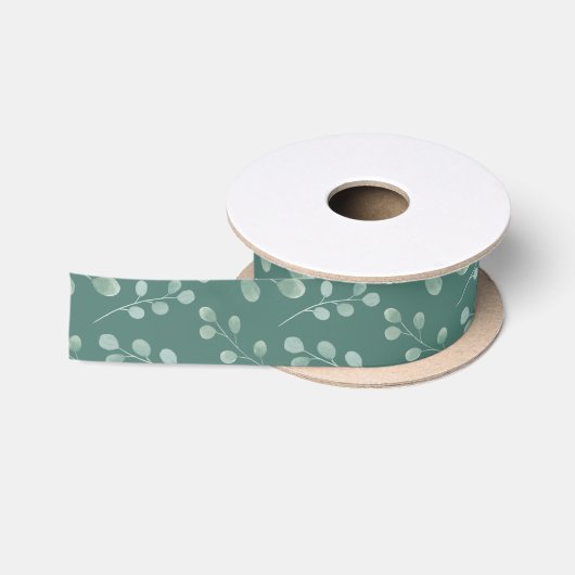 Ruban En Satin Vert Motif Eucalyptus (Bobine)