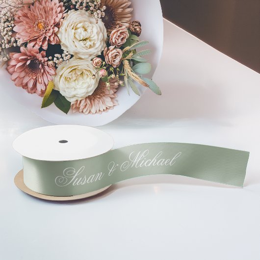 Ruban En Satin Vert sauge mariage calligraphie élégante script
