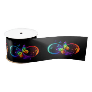 Ruban En Satin Vibrant infinity with rainbow butterfly on black